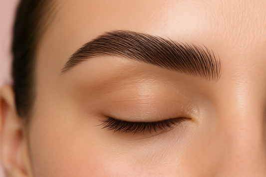 close up picture of a girls perfectly groomed eyebrow, light pink background