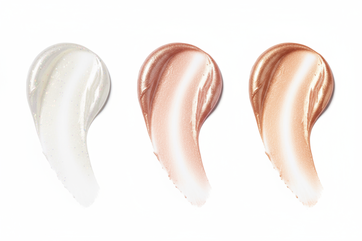 create 3 smears of a glossy lightweight highlighter, pearl, rose and light copper