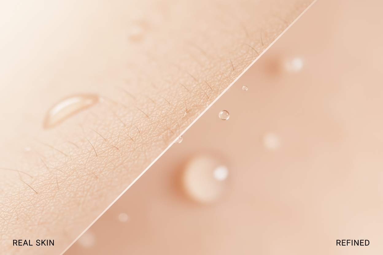 Macro shot of smooth skin texture transitioning from pores visible to perfectly blurred — split image concept, clean beauty aesthetic, beige and pink lighting, luxury skincare campaign look.